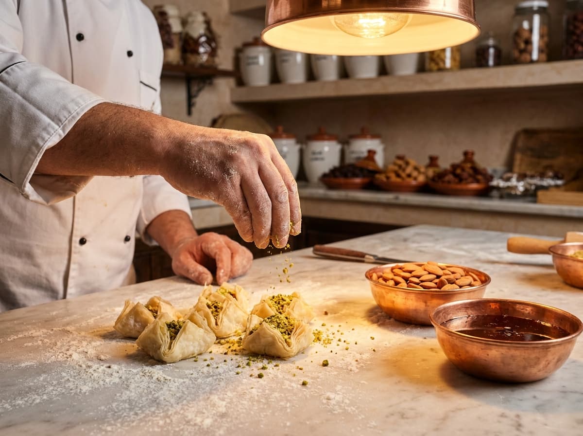 Préparation de pâtisseries orientales : pistaches concassées saupoudrées sur un marbre de travail