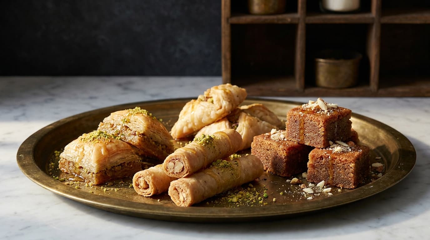 Assortiment de pâtisseries orientales : baklava, cigares aux amandes et kalb el louz nappés de miel